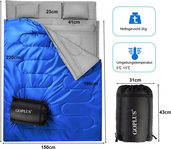 COSTWAY Dubbele slaapzak 2 persoons, 220 x 150cm, waterdichte lichtgewicht slaapzak met 2 kussens en draagtas voor kamperen, wandelen en reizen van Costway — afbeelding 2