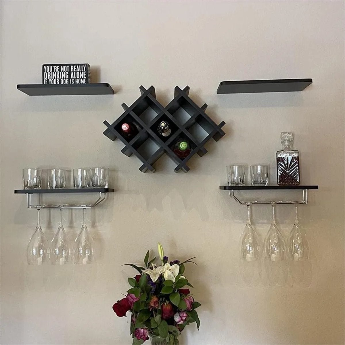 Wijnrek - Wand gemonteerd Wijnrek - Set van 5 - Wijnfles Plank Set Met Glazen Houder - Muur wijnrek — cadeau in Wonen & Interieur - foto 3