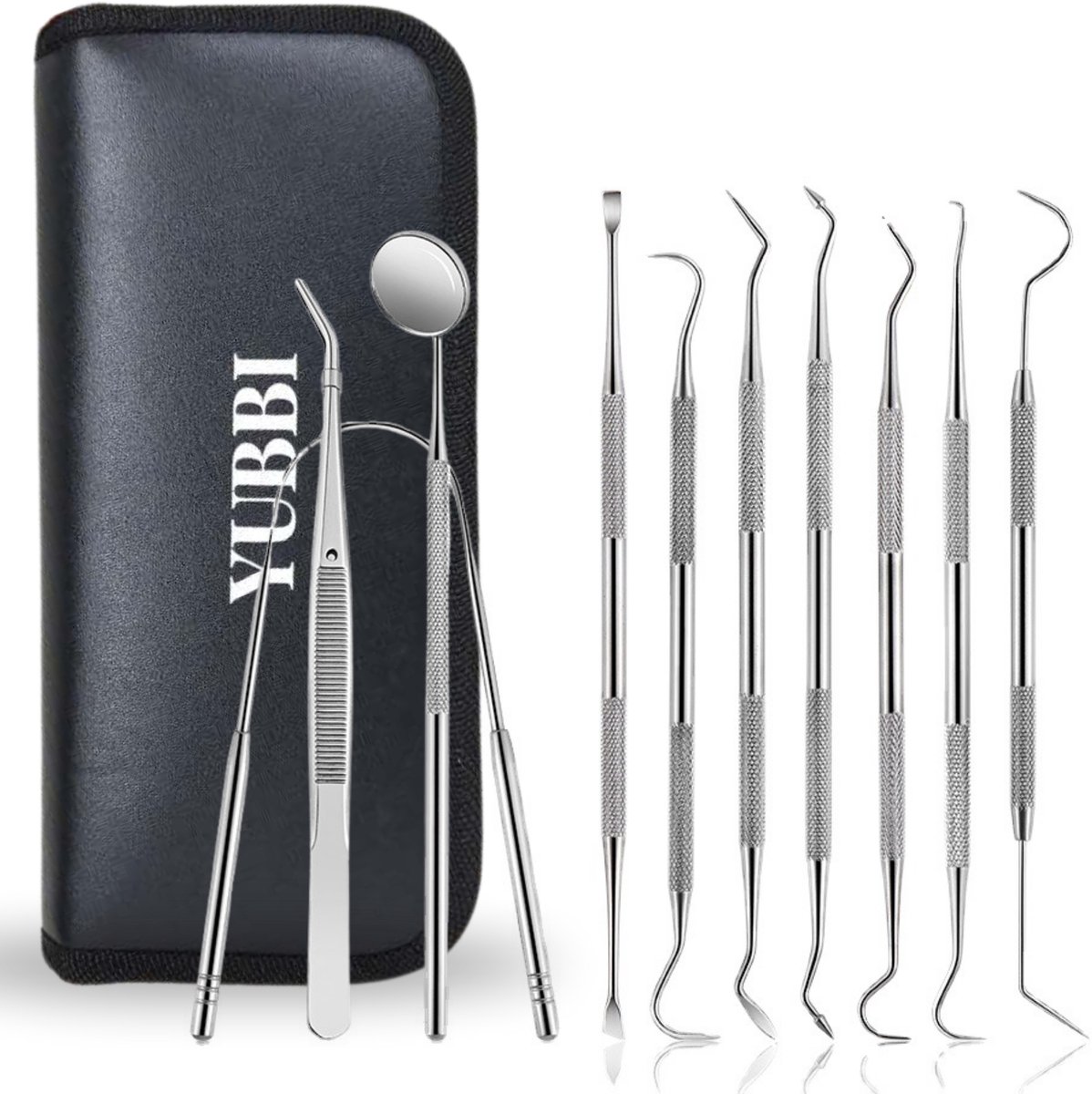 YUBBI 10 Delige RVS Tandarts Set met Etui - Tandartshaakje - Tandarts gereedschap - Tandartshaak - Mond spiegel