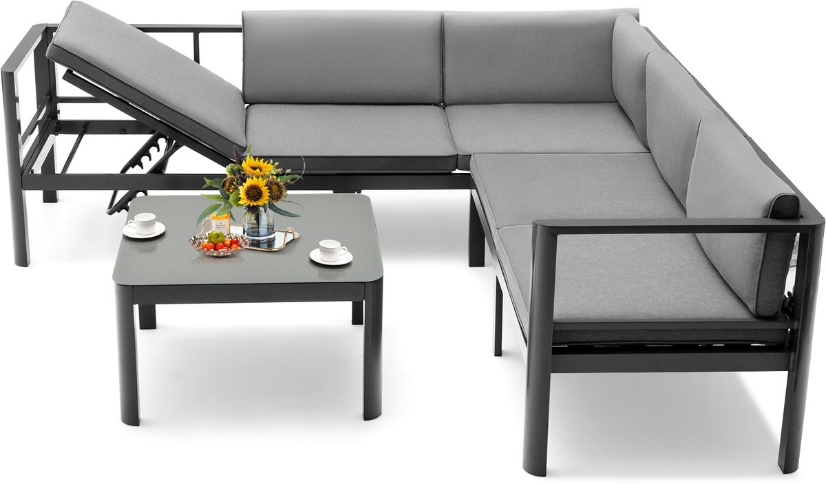 COSTWAY Loungeset van aluminium, tuinlounge voor 4-5 personen, tuinmeubelset, zitgroep met koffietafel, zitkussen, hoeklounge voor tuin, terras en balkon