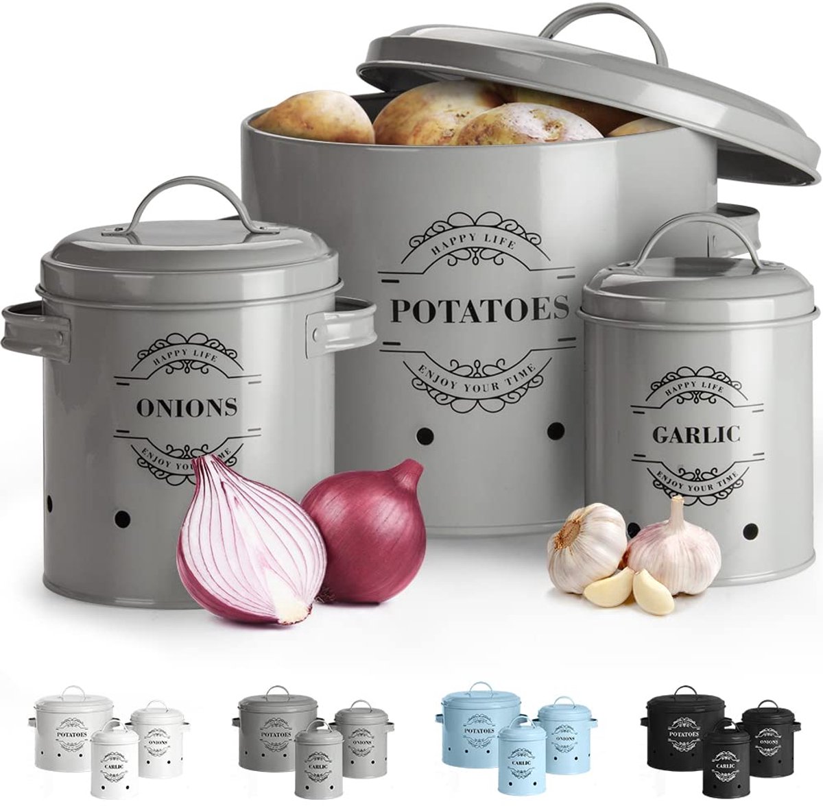 My Ninki ® Aantrekkelijke Set van 3 Ventilerende Opslagpotten voor Aardappelen, Uien en Knoflook met Retro Design