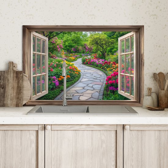 Crédence de Cuisinière en Aluminium 60x40 cm - Vue - Fleurs - Chemin de jardin - Nature - Fenêtre - Écran Pare-éclaboussures pour Plaque de Cuisson - Protection Murale