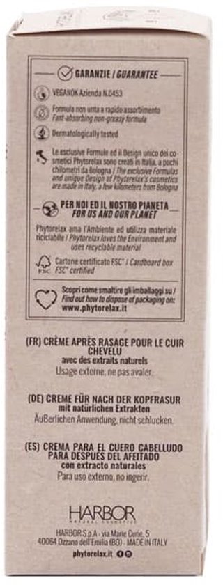 Doos met informatie over PhytoRelax na scheer crème voor de hoofdhuid met natuurlijke extracten.