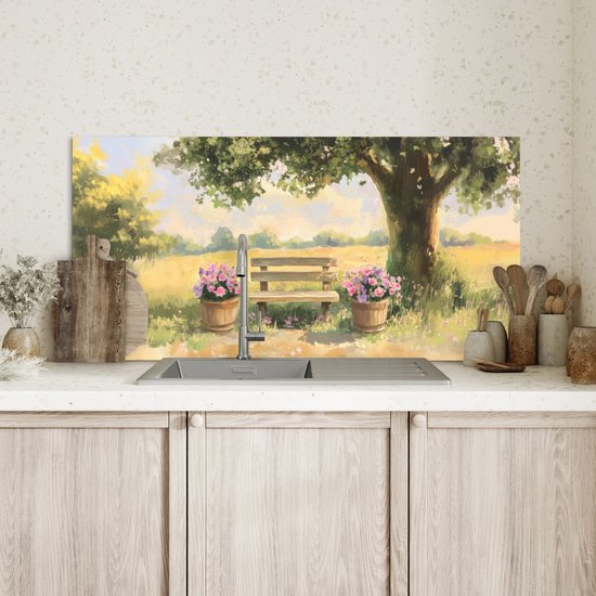 Spatscherm keuken 80x40 cm - Kookplaat achterwand Houten bankje - Bloempotten - Landschap - Muurbeschermer - Spatwand fornuis - Hoogwaardig aluminium