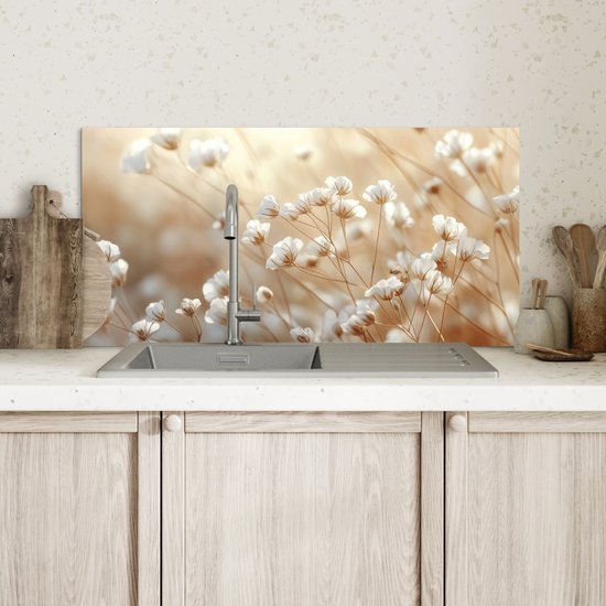 Crédence de Cuisinière en Aluminium 60x30 cm - Sauvage - Fleurs - Blanc - Écran Pare-éclaboussures pour Plaque de Cuisson - Protection Murale