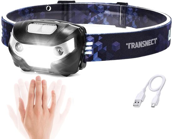 Transnect - Hoofdlamp LED Oplaadbaar - met Bewegingsdetectie - Inclusief Batterij - Waterdicht - voor Camping, Wandelen met Hond, Noodgeval
