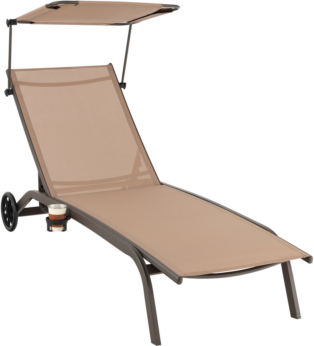 COSTWAY Zonneligstoel met wieltjes, dak en bekerhouder, ligstoel met verstelbare rugleuning, terrasstoel, outdoor ligstoel, strandstoel voor tuin, terras, zwembad