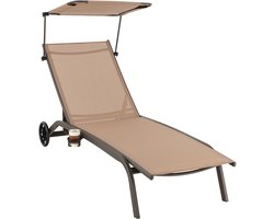 COSTWAY Zonneligstoel met wieltjes, dak en bekerhouder, ligstoel met verstelbare rugleuning, terrasstoel, outdoor ligstoel, strandstoel voor tuin, terras, zwembad