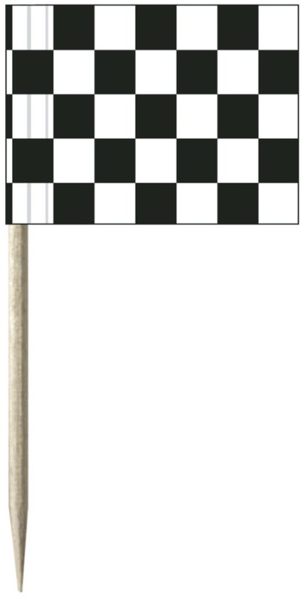 Zwart-wit geblokte vlag op een houten prikker.