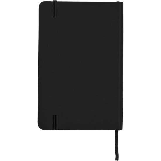 Gesloten zwart notitieboek met elastische band en zwart leeslint.