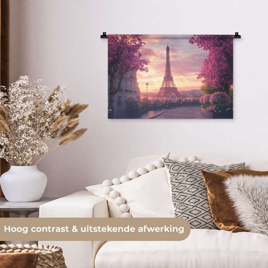 Wandkleed 60x40 cm - Wanddoek Eiffeltoren - Parijs - Roze - Wandtapijt - Wandkleden