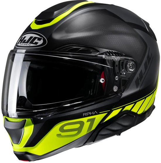 Zwarte HJC RPHA 91 systeemhelm met neongele accenten, "91" print en helder vizier.