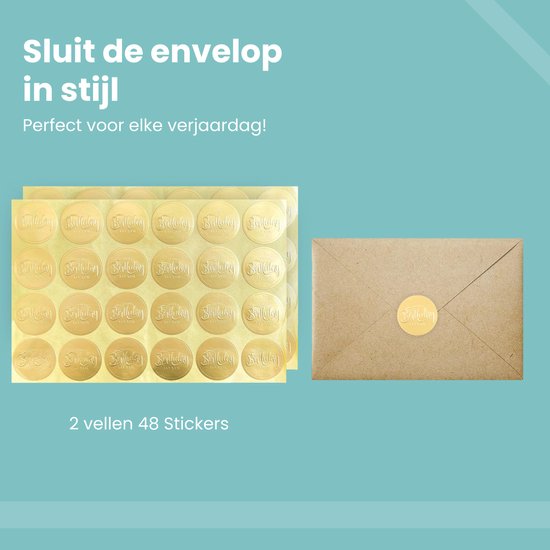Vellen met gouden ronde 'Happy Birthday' stickers voor enveloppen, 2 vellen van 24 stuks.