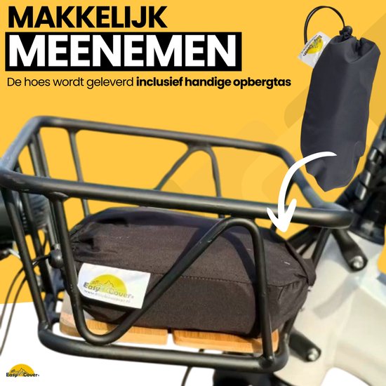 Zwarte, opgevouwen fietshoes in een fietsmandje, met opbergzakje ernaast.