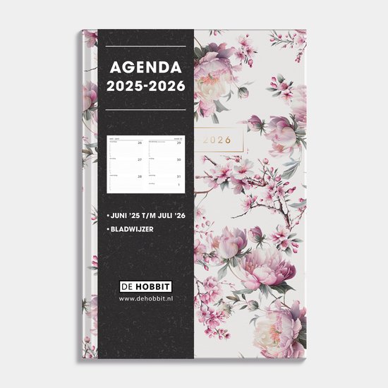 Hobbit - Luxe Schoolagenda 2025-2026 - 1 week op 2 pagina's - Harde kaft - A5 (14 x 20,5 cm) - Kersenbloesem