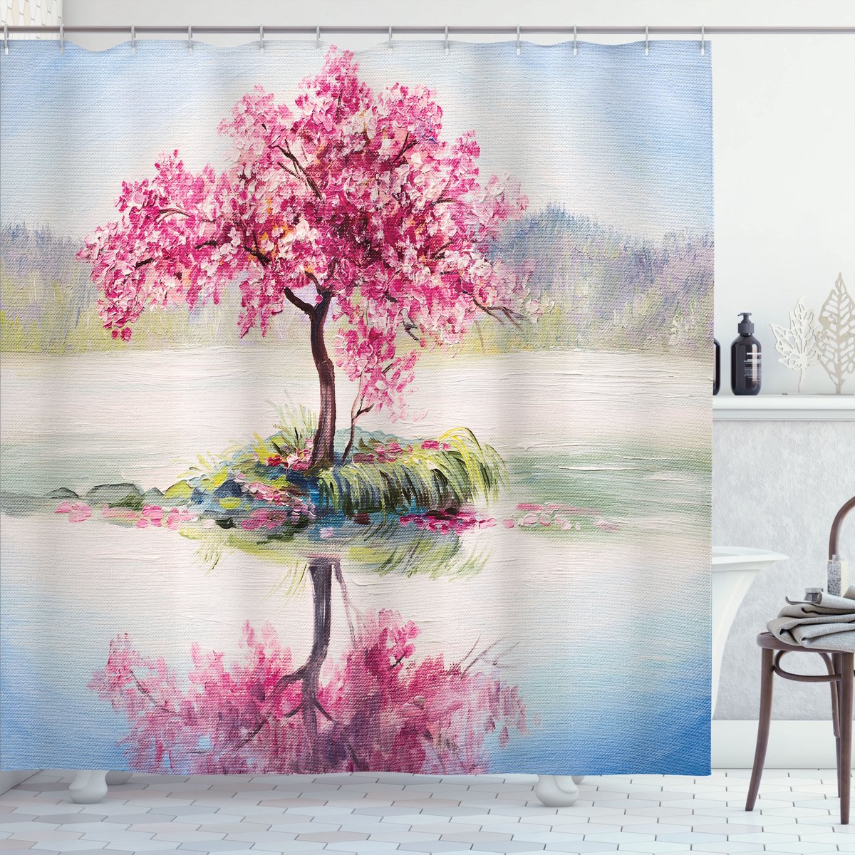 New Bed, Sakura Japanse Kersenboom Douchegordijn, Kunst Douchegordijn Met Boom, Badkamer Decor Set met Haakjes, 175 cm B 180 cm L