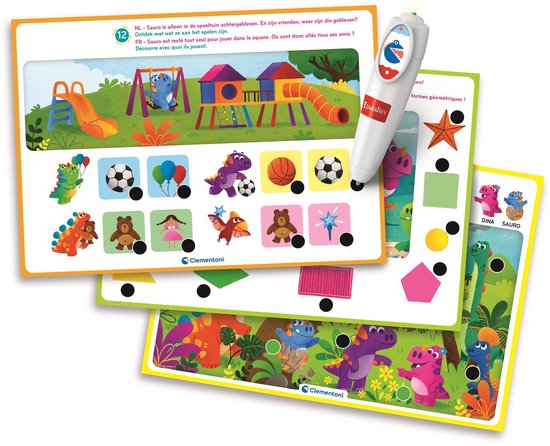 Speelblad met een kleurrijke speelplaats, dinosaurussen, ballen en beren, met een interactieve pen erboven.