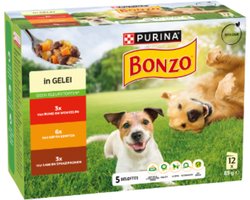Purina Bonzo (Friskies) met rund, kip, lam in gelei maaltijdzakjes natvoer hond 12x 85g