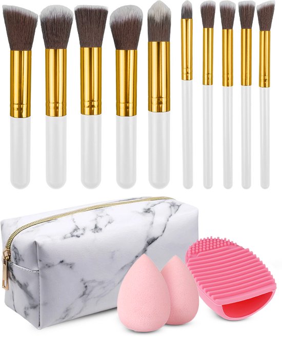 Evvie set van 10 make-up kwasten met beauty blender (2x) en brushegg in etui - wit/goud