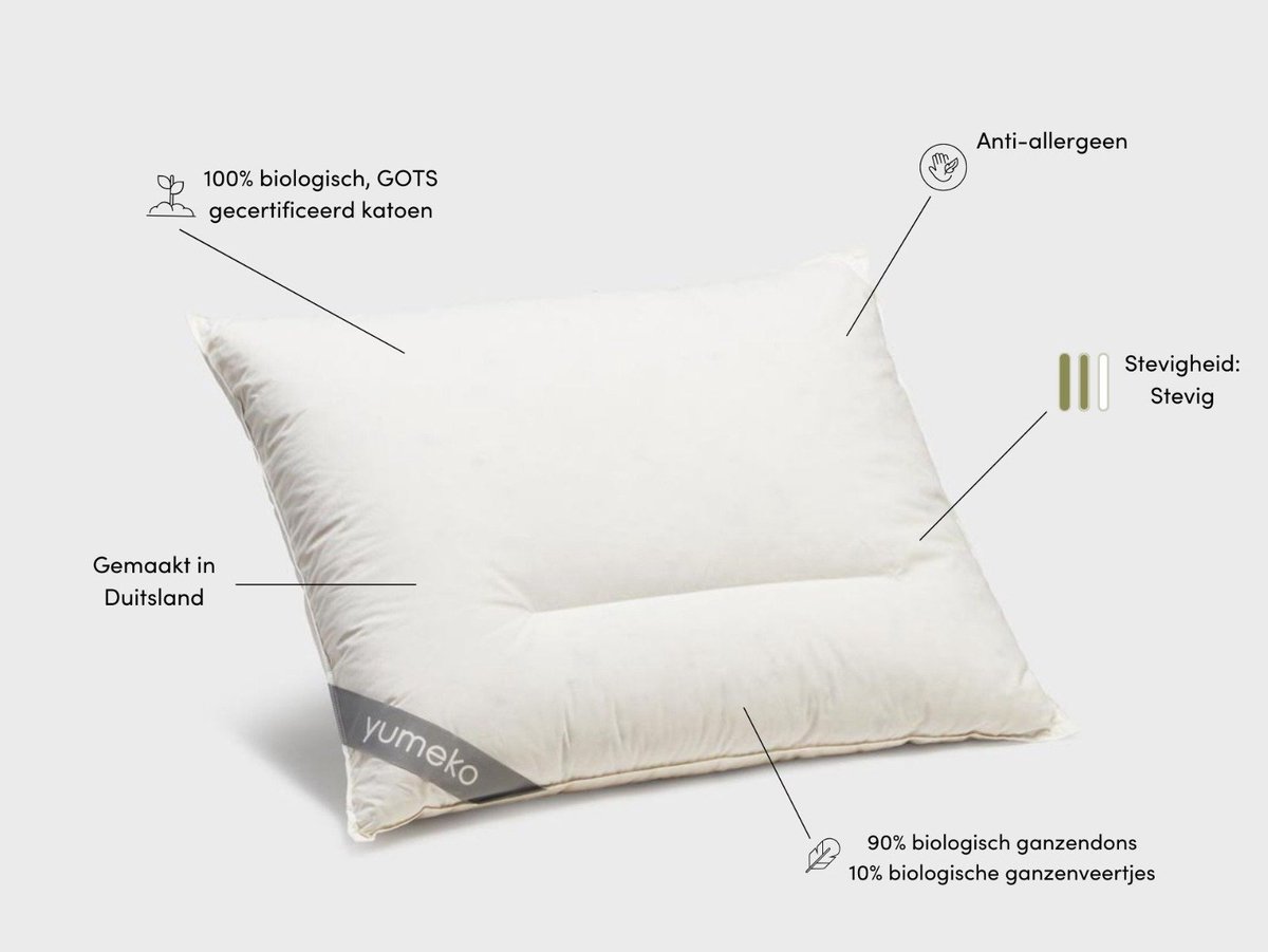 Yumeko hoofdkussen ganzendons 60x70 stevig - Biologisch & ecologisch