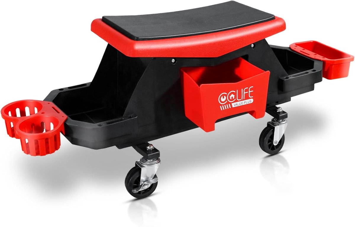 CCLIFE werkplaatskruk, rolkruk, werkplaatsrolstoel, 970 x 310 x 350 mm kruk, 180 kg, met opbergbox en pallets, verrijdbaar rolkruk, vergrendelbare wielen