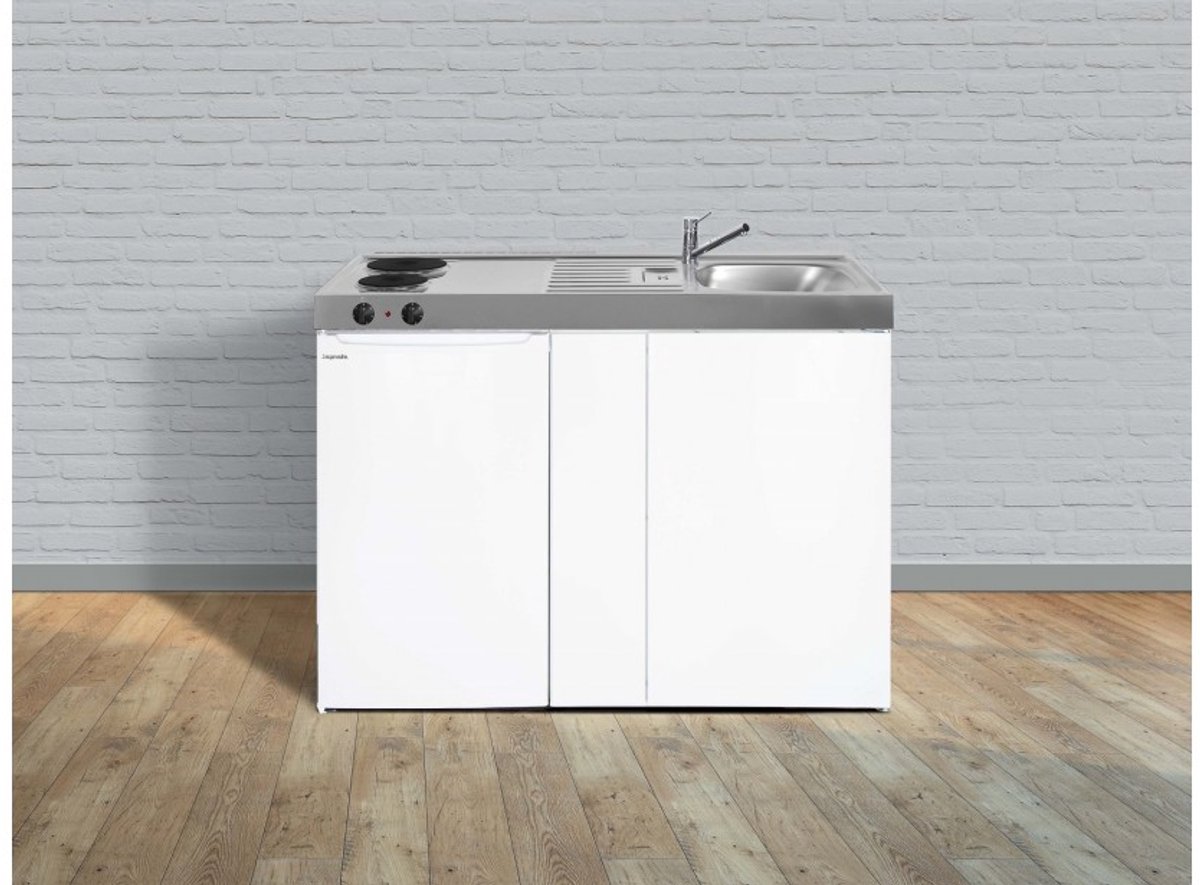 Minikeuken BeNeLux EASYLINE 120 cm volledig in metaal voorgemonteerd met kookplaat en koelkast LINKS - RVS - INOX werkvlak