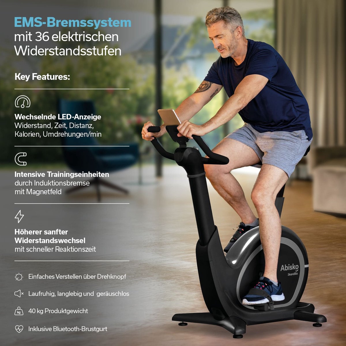 Afbeelding 3 van Skandika Abisko Ergometer – Hometrainer – Wereldprimeur - Premium EMS weerstand, slimme hometrainer app controle, automatische stuur- en zadelverstelling, 36 weerstandsniveaus, bluetooth, computer display – 106 x 57.5 x 123 cm (LxBxH) - zwart