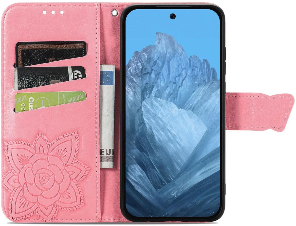 Mobigear Telefoonhoesje geschikt voor Google Pixel 9 Hoesje | Mobigear Butterfly Bookcase Portemonnee | Pasjeshouder voor 3 Pasjes | Telefoonhoesje voor Pinpas / OV Kaart / Rijbewijs - Roze
