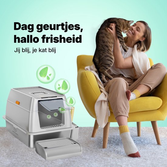 Jake and Jacky RVS Kattenbak - Kattentoilet Roestvrijstaal - Incl. Kattenbakschep met Houder en Gritopvang Opstapje - 2 in 1 Open Kattenbak met Afneembare Deksel - 60x40x38cm - Grijs