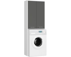 Badkamerkast voor Wasmachine FIN / Hoge Wasmachinekast met 2 Deuren / AKORD Furniture Factory / Wit - Grafietgrijs / 64 x 180 x 30 cm