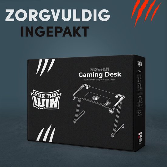 Doos van een zwarte game bureau met "FOR THE WIN" logo. "ZORGVULDIG INGEPAKT" tekst.