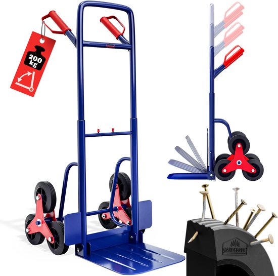 Blauwe steekwagen met rode handgrepen en drie wielen per as. Met magnetische schroefhouder.