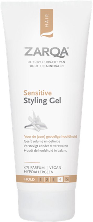 Witte tube ZARQA Sensitive Styling Gel met tekst 'HOLD 1 2 3 4 5'.