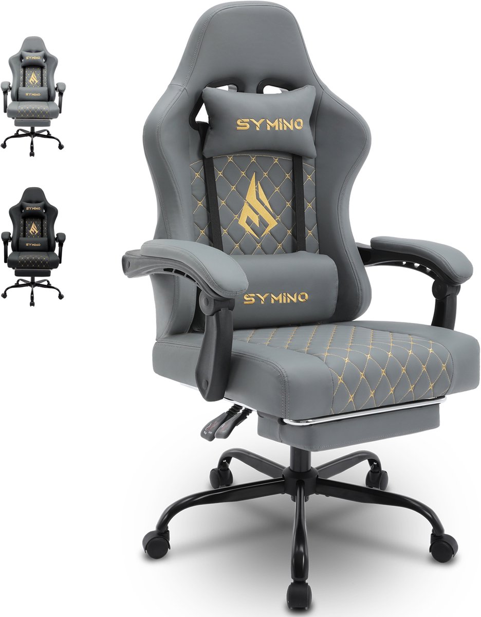 Symino FZ Gaming Stoel 200 kg – Racing-Style Gamestoel met Uittrekbare Voetensteun, 155° Rugleuning & 3D Armleuningen – Gepolsterd PU-leer – Grijs - Symino review en vergelijking - €136,99