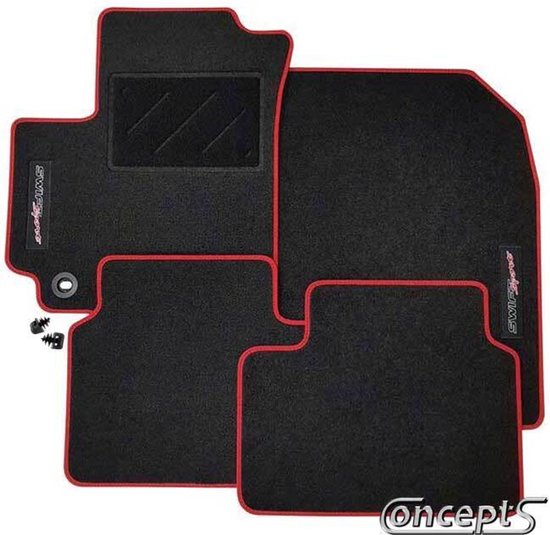 Tapis de voiture GoodGo BasicLine FEUTRE AIGUILLE NOIR/BORDURE ROUGE + EMBLEME Suzuki Swift MZ 1.6 Sport 09/2006-12/2011 + Swift MZ 1.3/1.3DDiS/1.5 05/2005-09/2010