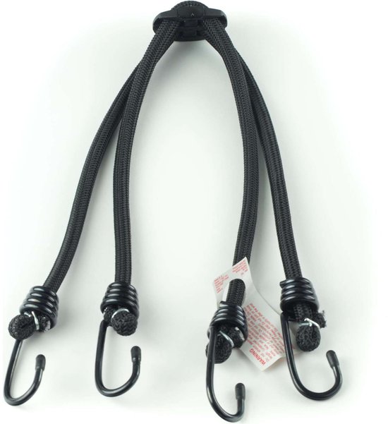 Zwarte spinbinder met 4 haken, aanpasbare lengte, met waarschuwingslabel.