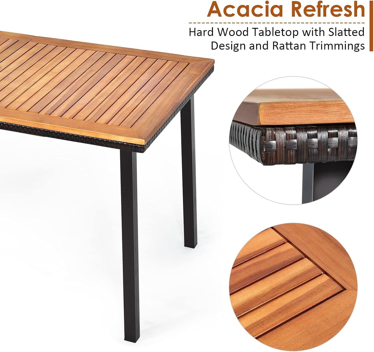 COSTWAY Tuintafel met schermgat, 140 x 75 x 76 cm, eettafel voor 6-8 personen, terrastafel met tafelblad van acaciahout, rechthoekige houten tafel met metalen frame thumbnail 4