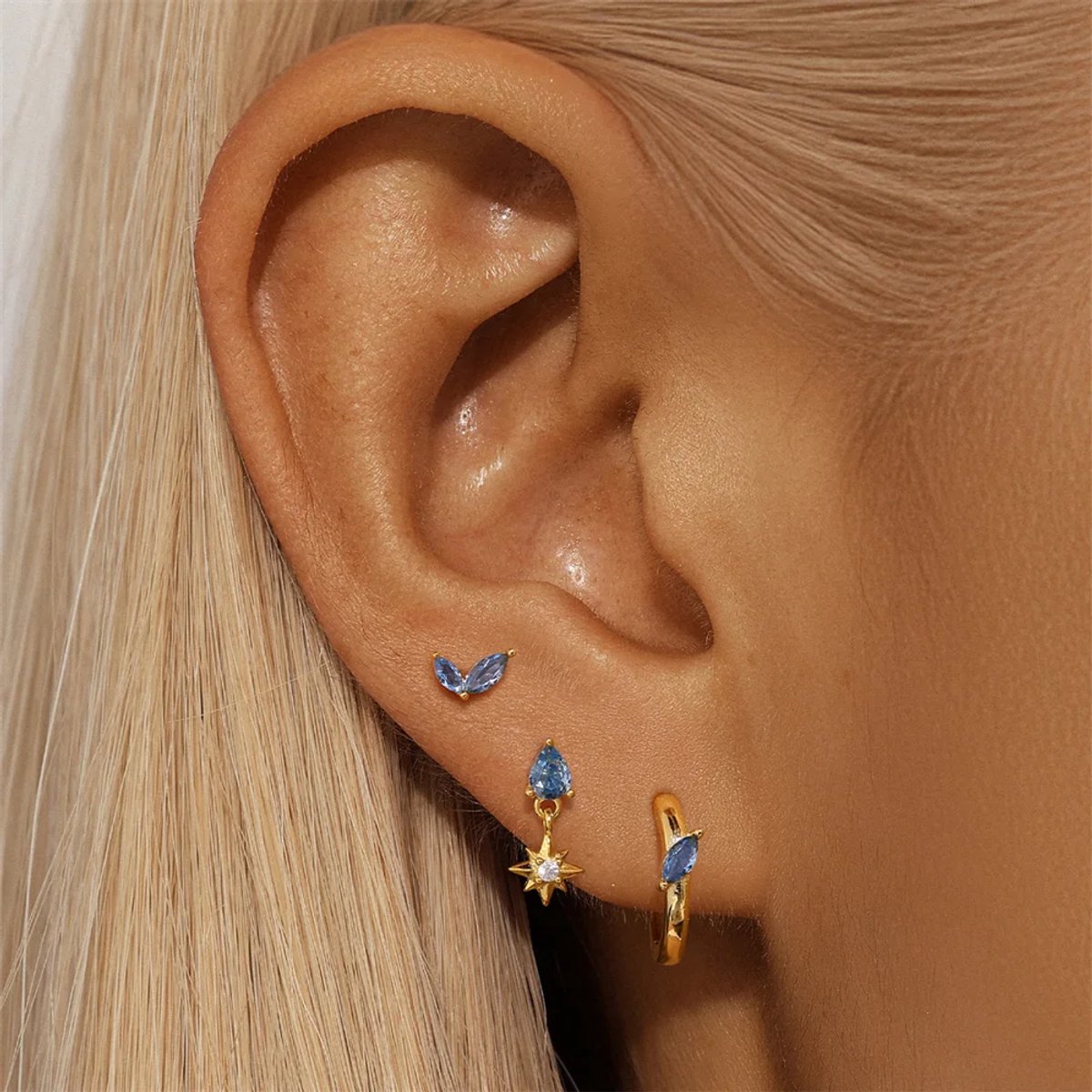 Blauwe Blaadje Oorbellen Set met Zirkonia Stenen - 18K Verguld Dames Oorbellen - 925 Sterling Zilver - Dames Sieraden