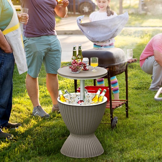 COSTWAY 3-in-1 Cool Bar, in hoogte verstelbare bijzettafel, 30 liter, outdoor bier- en wijnkoeler in rotanlook, drankkoeler met afvoergat, voor terras, party, zwembad, bruin van Merkloos — afbeelding 3