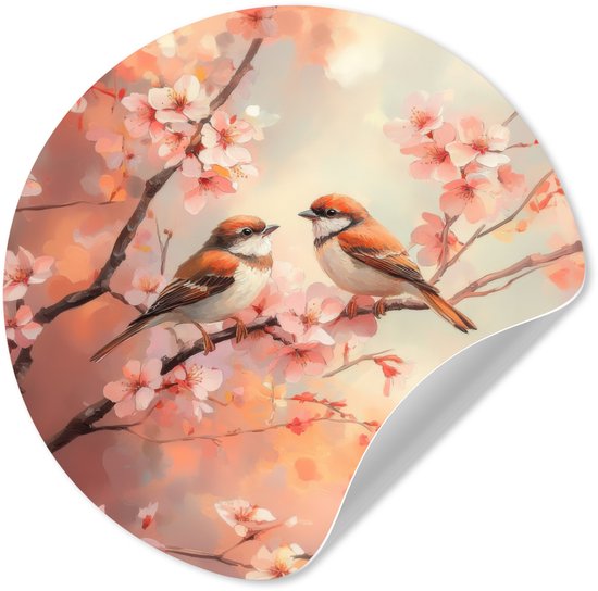 WallCircle® - Behangcirkel 50x50 cm - Muurstickers Vogels - Romantic - Bloesemtak - Muurcirkel woonkamer - Wandcirkel slaapkamer - Kamer decoratie zelfklevend - Muurdecoratie accessoires