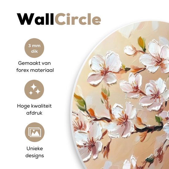 Wandcirkel met roze bloesemtakken. Gemaakt van 3 mm dik forex materiaal. Hoge kwaliteit afdruk. Unieke designs.