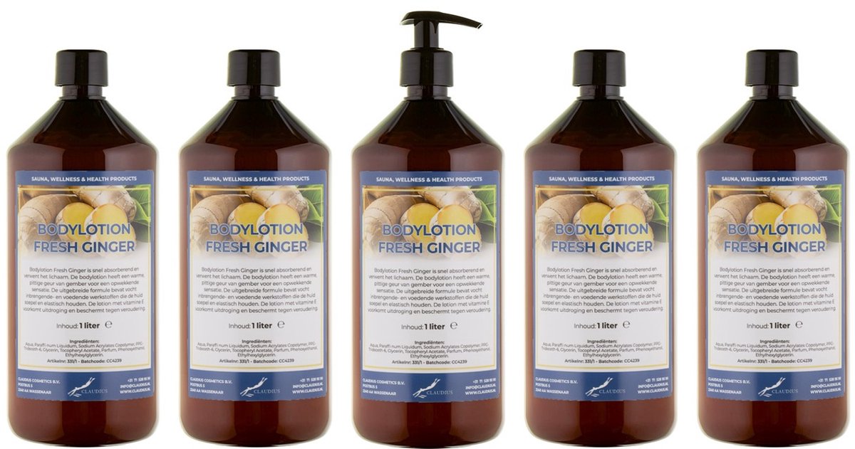 Bodylotion Fresh Ginger 1 Liter - met gratis pomp - set van 5 stuks - Voordeelverpakking