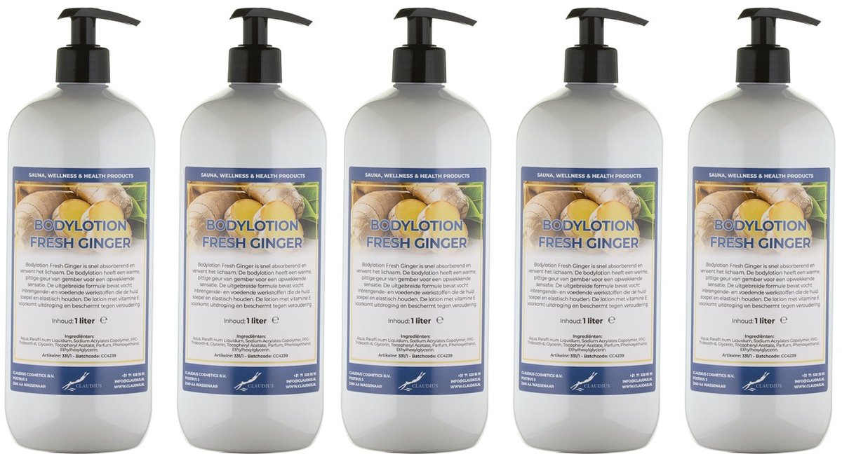 Bodylotion Fresh Ginger 1 Liter - met gratis pomp - set van 5 stuks - Voordeelverpakking