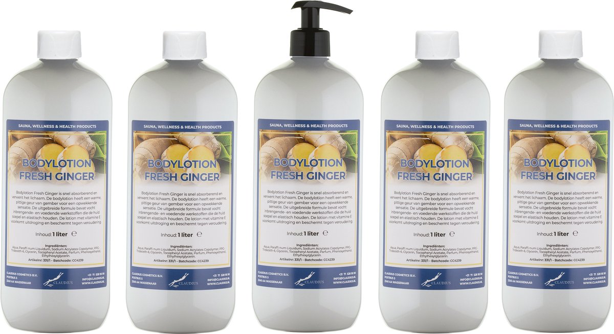 Bodylotion Fresh Ginger 1 Liter - met gratis pomp - set van 5 stuks - Voordeelverpakking