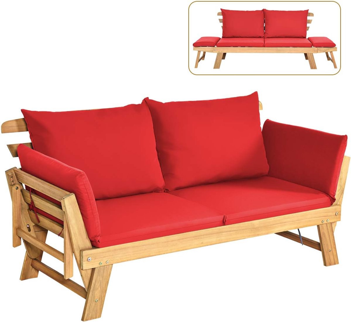 COSTWAY Tuinbank met ligfunctie, tuinbank met kussens en inklapbare armleuning, balkonbank van hout, zitbank voor tuin, terras, balkon, 198 x 75 x 75 cm, rood