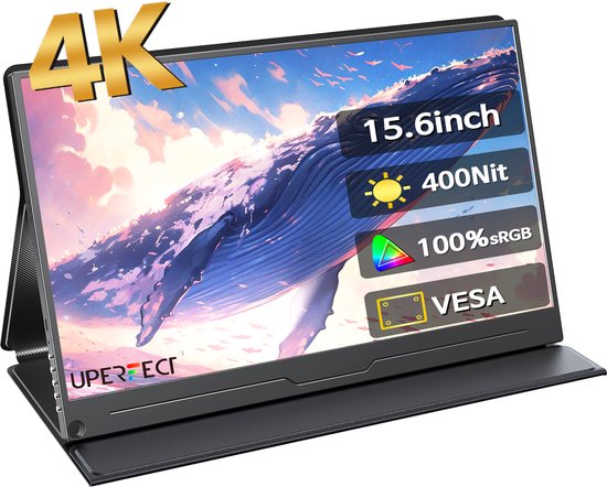 UPERFECT Portable Monitor J08 15,6" 4K Draagbare Monitor | 100% sRGB draagbaar scherm| Aluminium Frame | Dual USB-C PD | Anti-verblindend IPS