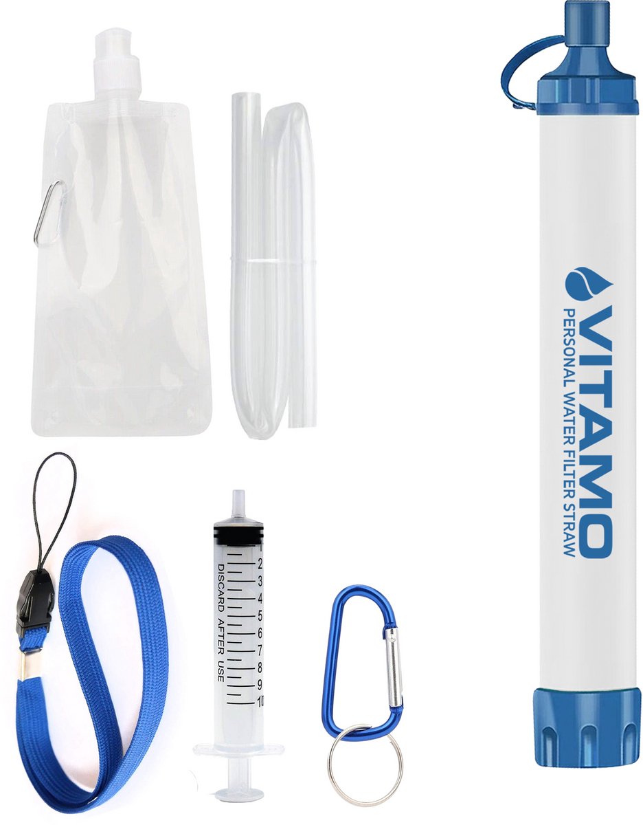 VITAMO™ Original Personal Water Filter Straw - Complete set - Waterfilter Survival & Outdoor - Noodpakket voor Thuis - Waterzuiveringsapparaat - Filtert 1800L - Tot wel 450ml/ minuut - Waterzuivering - BPA-vrij - Overlevingspakket - Wit