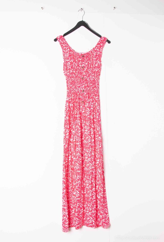 Lange dames jurk Fieke-gebloemd motief-fuchsia wit-maat S/M-strandjurk
