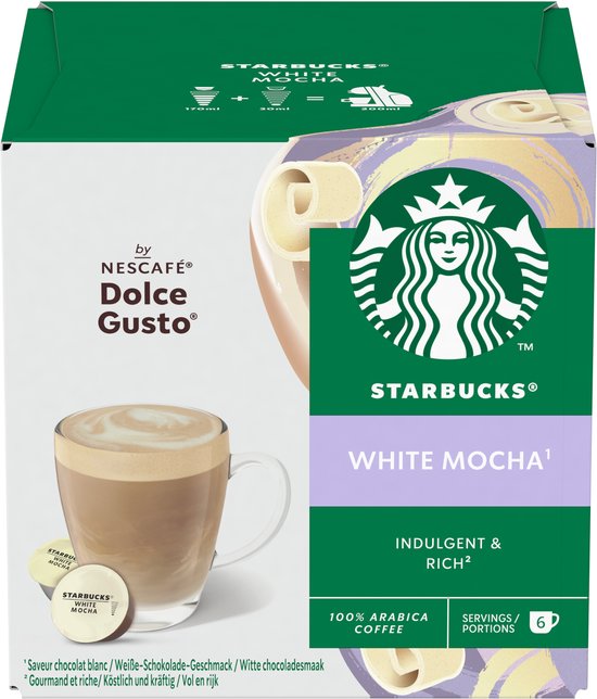Doos Starbucks White Mocha capsules voor Nespresso Dolce Gusto met een kop koffie en capsules.