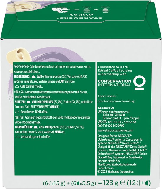 Achterkant van de verpakking met ingrediënten en informatie over ethische koffie inboeiing.